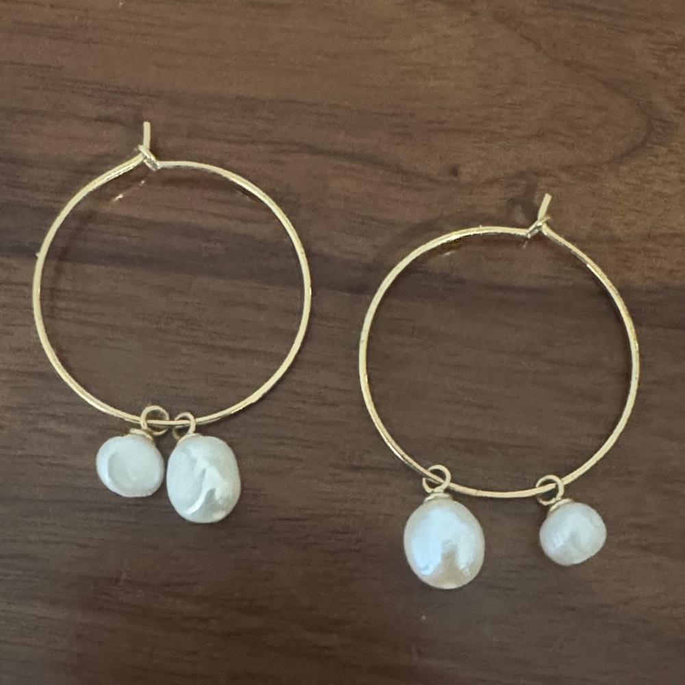 Anthropology Gold Hoop Earrings with Pearl Accents